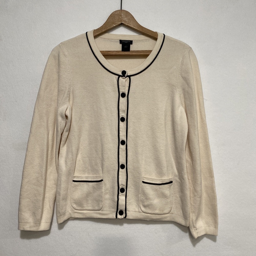 Ann Taylor Women's Large Petite Cotton Career Casual White Black Trim‎ Cardigan